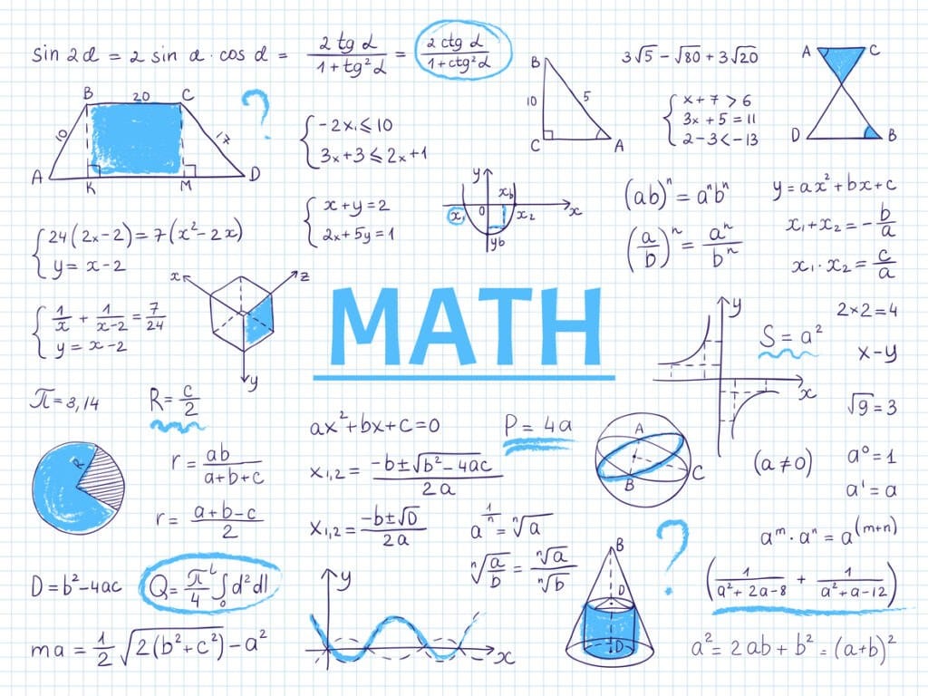 Doodle Mathe. Algebra und Geometrie Schule Gleichung und Graphen, Hand gezeichnet Physik Wissenschaft Formeln. Vektor Bildung Skizze