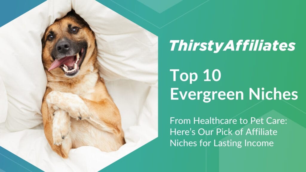 Image showing a dog in a comfy niche with the title "Top 10 Evergreen Niches"